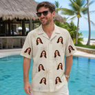 Real-life photo of someone wearing Men's Palm Pizzazz Custom Face Hawaiian Shirt — custom faces printed all-over