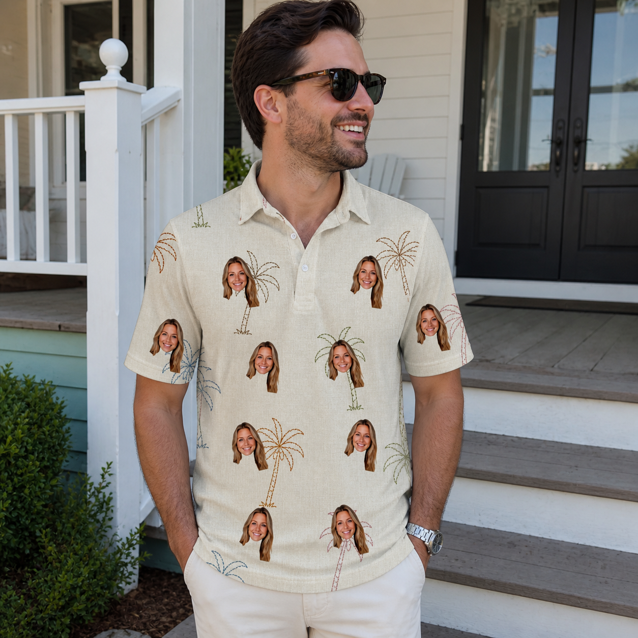 Real-life photo of someone wearing Men's Palm Pizzazz Custom Face Polo Shirt — custom faces printed all-over