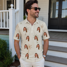 Real-life photo of someone wearing Men's Palm Pizzazz Custom Face Polo Shirt — custom faces printed all-over
