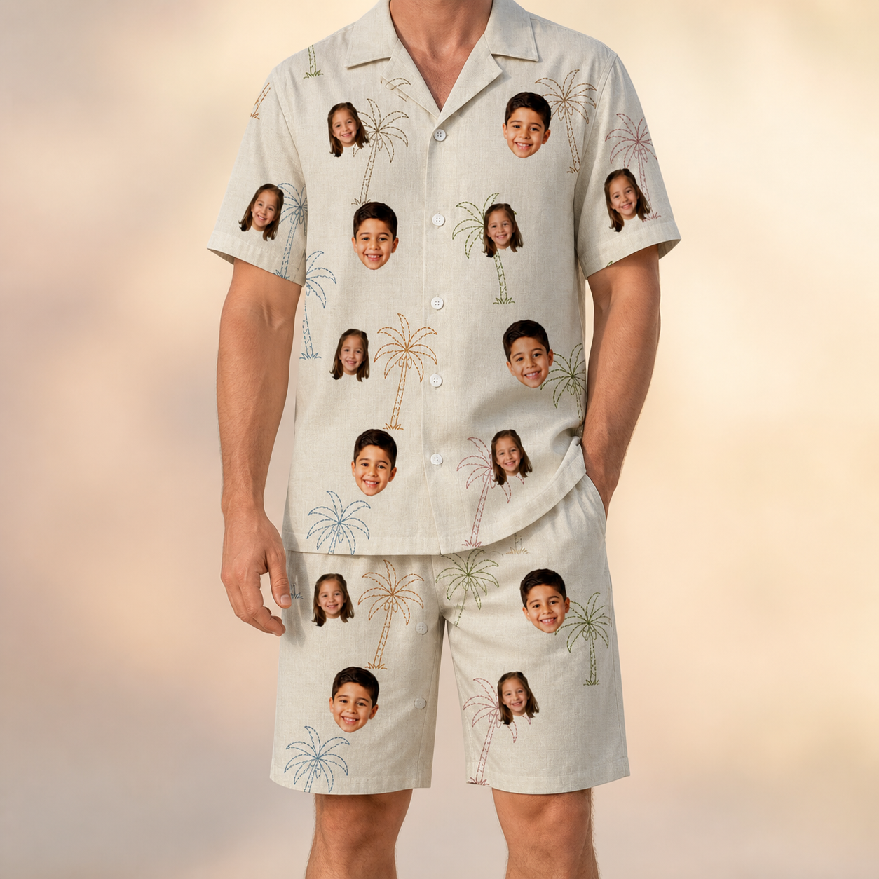 Model wearing Men's Palm Pizzazz Custom Face Shirt & Shorts Set printed with kids' faces