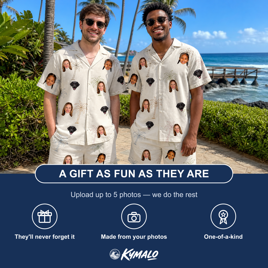 Friends in matching Men's Palm Pizzazz Custom Face Shirt & Shorts Set — a group gift photo