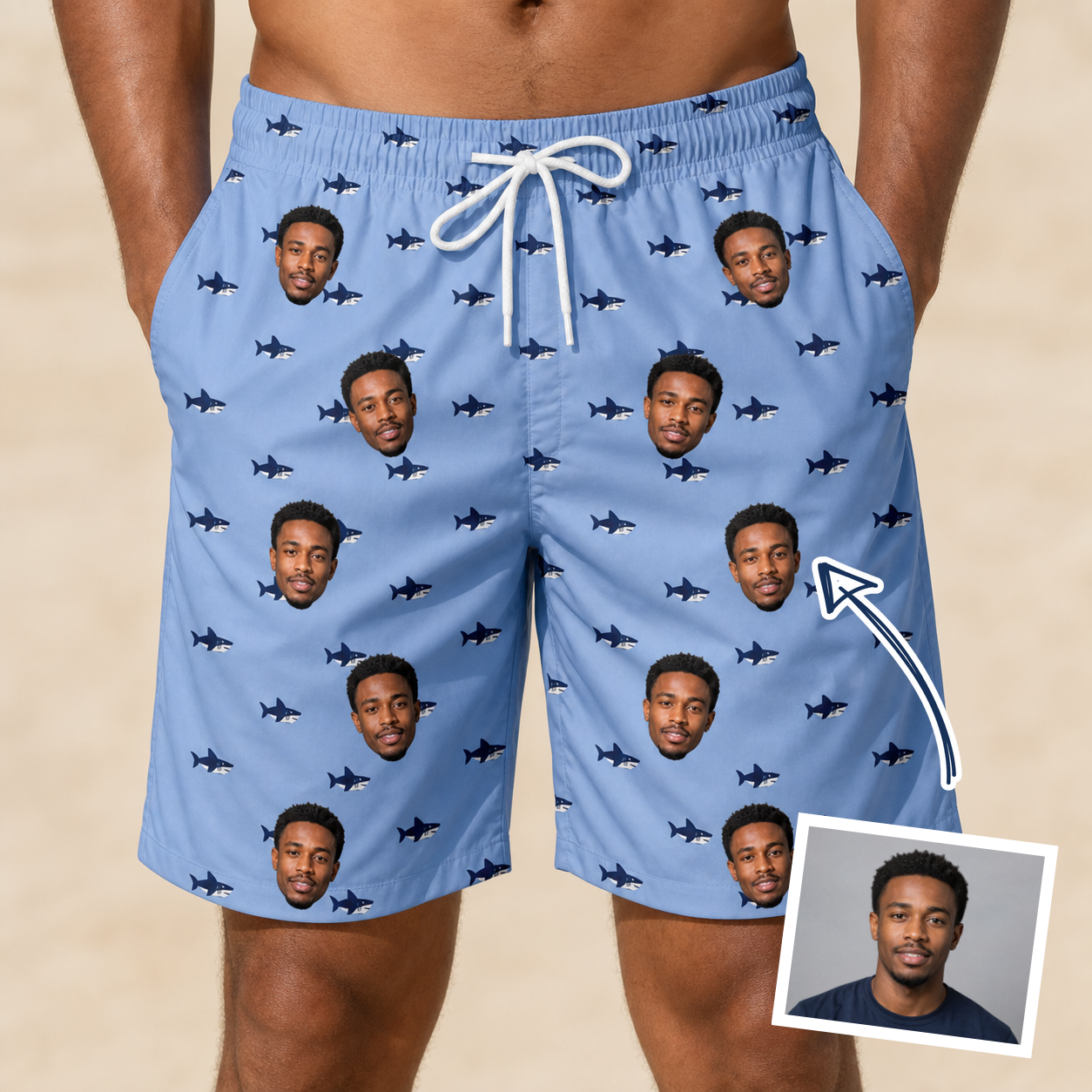 Man wearing Men's Fin Flickers Custom Face Beach Shorts — custom faces printed all-over