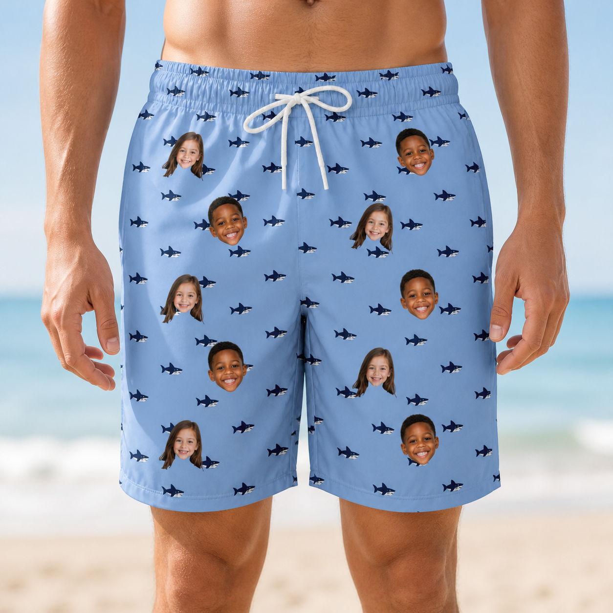 Model wearing Men's Fin Flickers Custom Face Beach Shorts printed with kids' faces