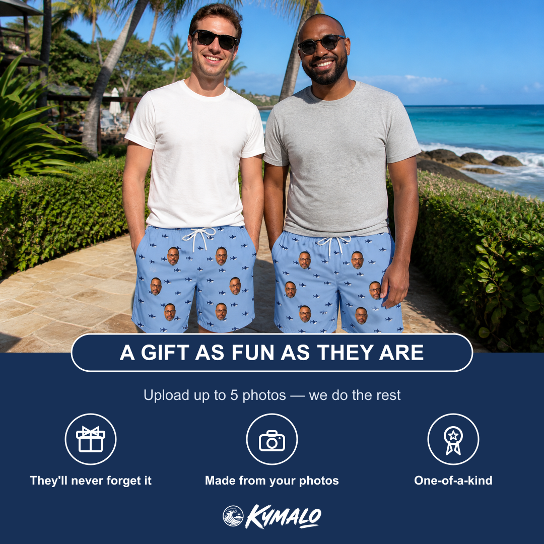 Friends in matching Men's Fin Flickers Custom Face Beach Shorts — a group gift photo