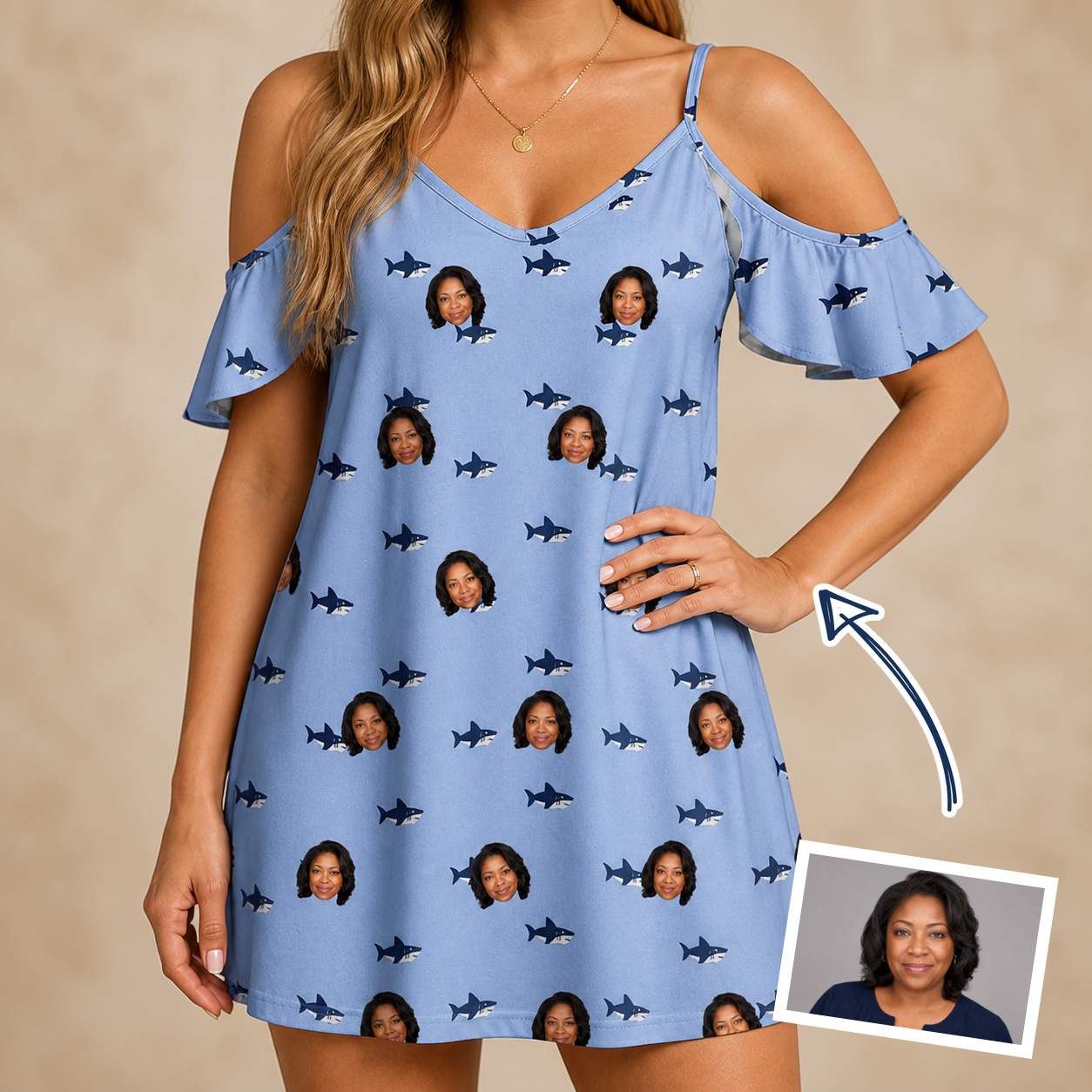 Woman wearing Women's Fin Flickers Custom Face Off-Shoulder Dress — custom faces printed all-over