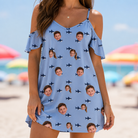 Model wearing Women's Fin Flickers Custom Face Off-Shoulder Dress printed with kids' faces