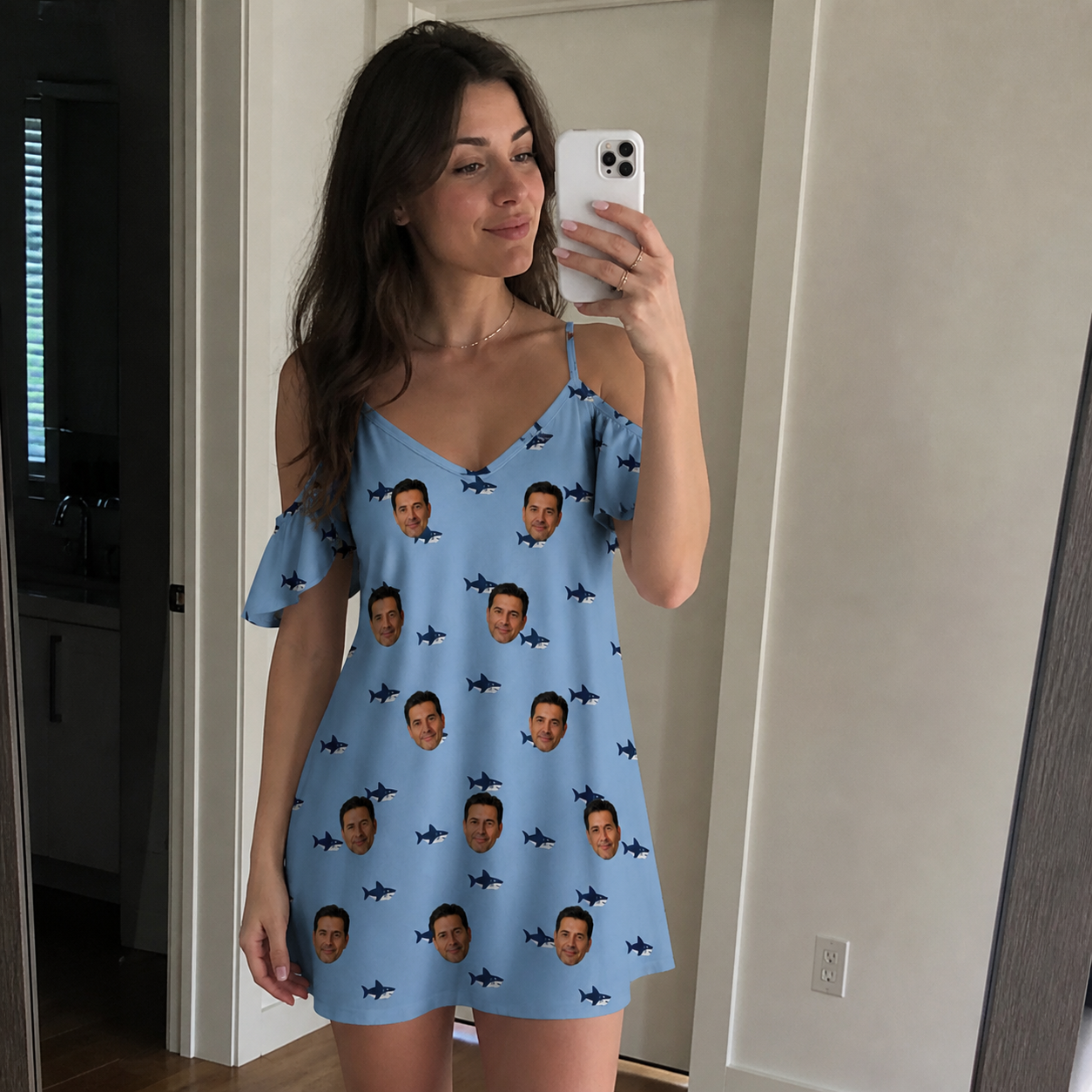 Real-life photo of someone wearing Women's Fin Flickers Custom Face Off-Shoulder Dress — custom faces printed all-over