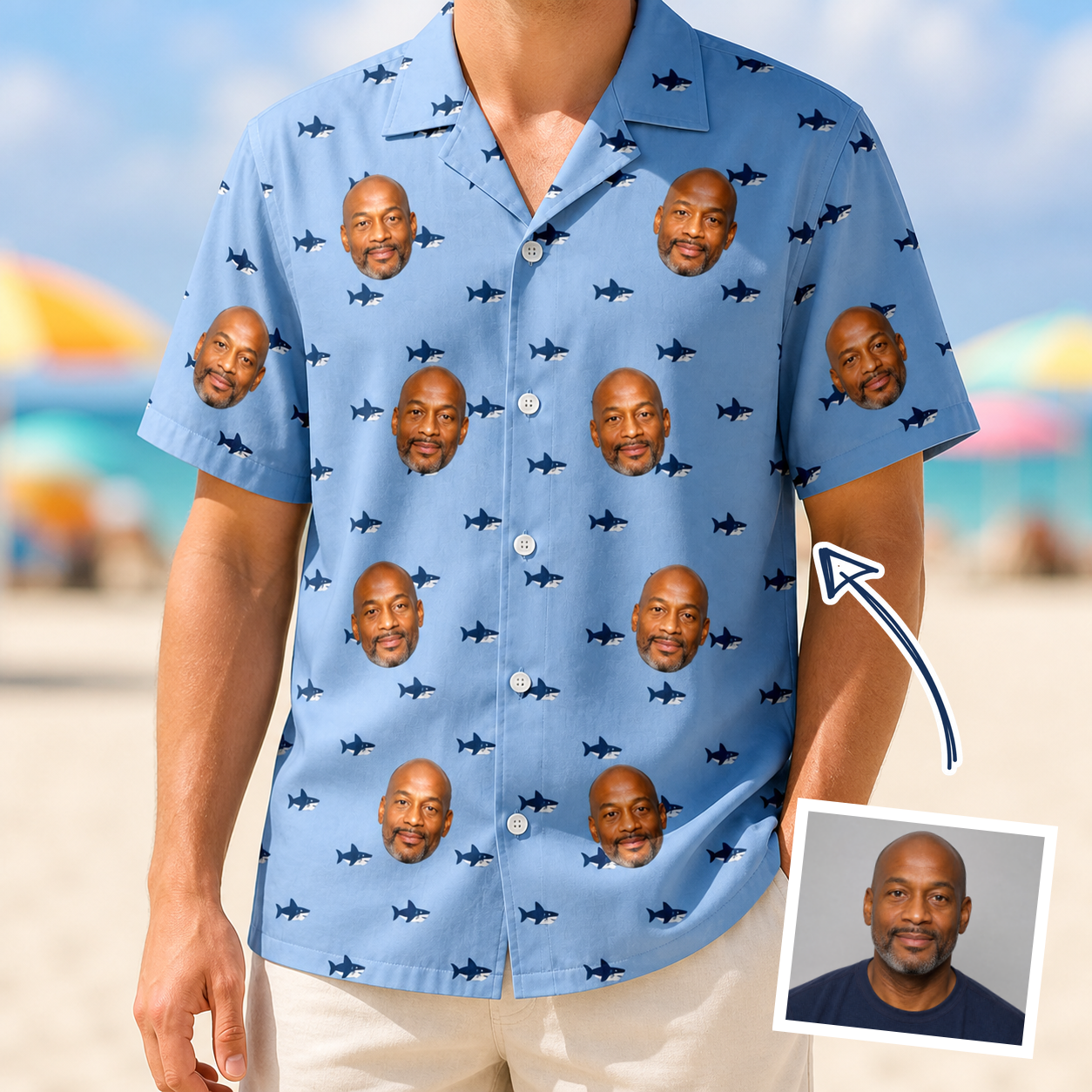 Man wearing Men's Fin Flickers Custom Face Hawaiian Shirt — custom faces printed all-over