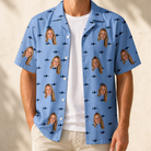 Man wearing Men's Fin Flickers Custom Face Hawaiian Shirt open over a white tee