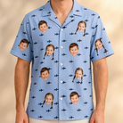 Model wearing Men's Fin Flickers Custom Face Hawaiian Shirt printed with kids' faces