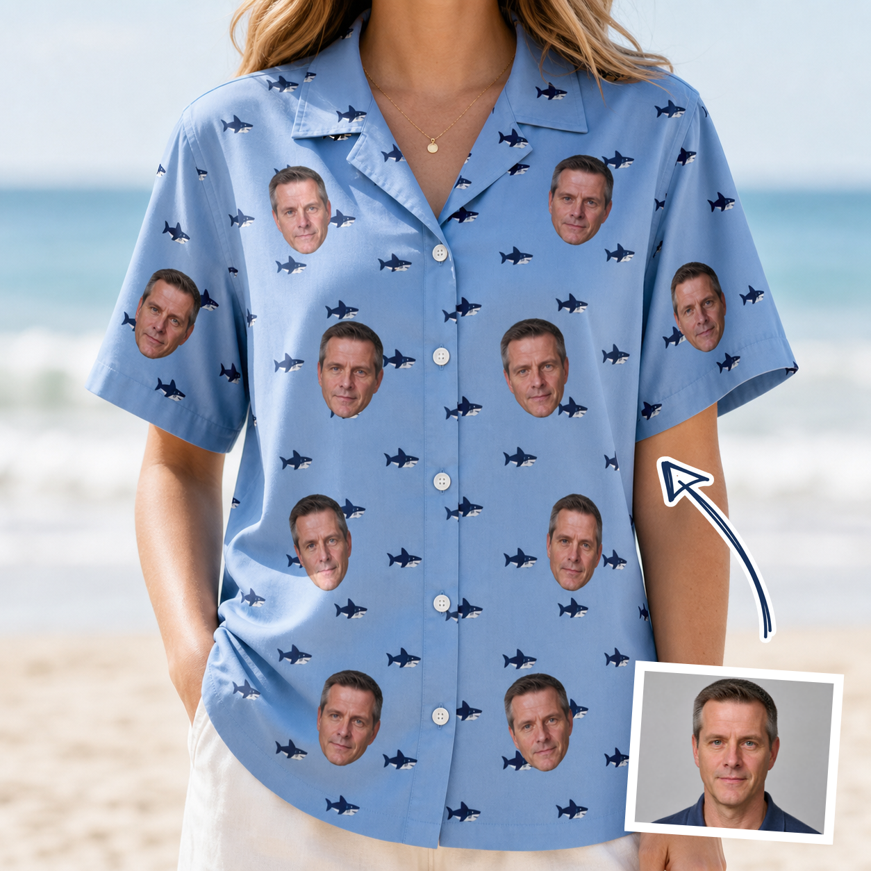 Woman wearing Women's Fin Flickers Custom Face Hawaiian Shirt — custom faces printed all-over