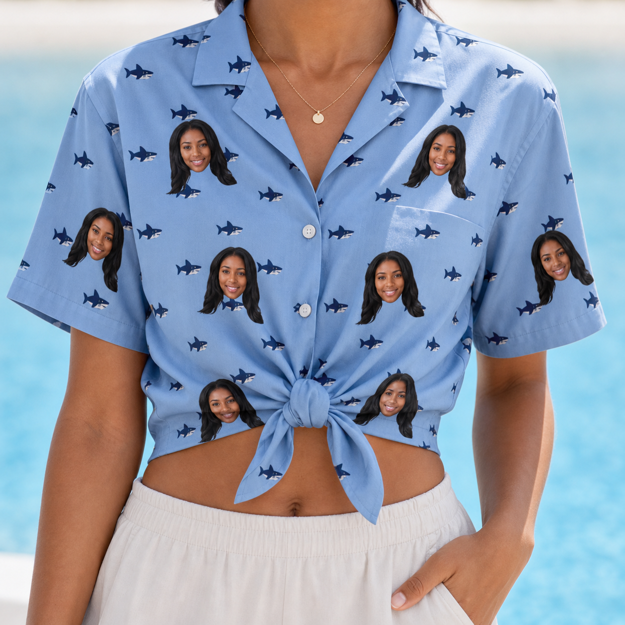 Woman wearing Women's Fin Flickers Custom Face Hawaiian Shirt tied at the waist