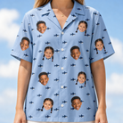 Model wearing Women's Fin Flickers Custom Face Hawaiian Shirt printed with kids' faces