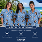 Friends in matching Women's Fin Flickers Custom Face Hawaiian Shirt — a group gift photo