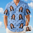 Man wearing Men's Fin Flickers Custom Face Hawaiian Shirt — custom faces printed all-over