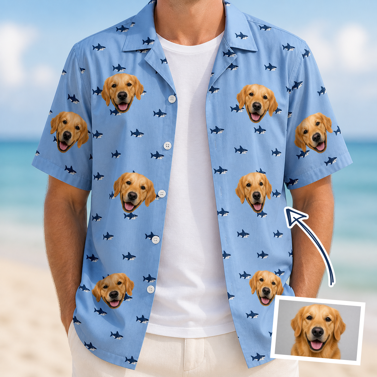 Model wearing Men's Fin Flickers Custom Face Hawaiian Shirt printed with a dog's face