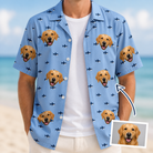 Model wearing Men's Fin Flickers Custom Face Hawaiian Shirt printed with a dog's face