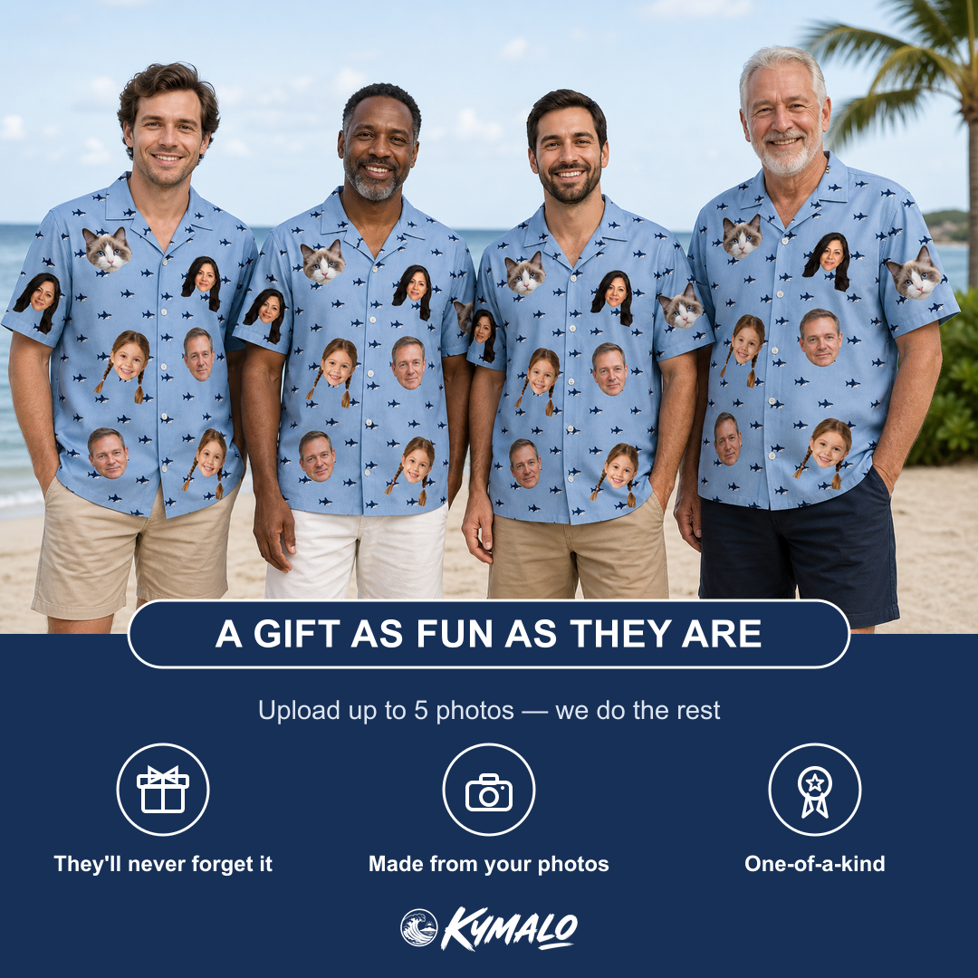 Friends in matching Men's Fin Flickers Custom Face Hawaiian Shirt — a group gift photo
