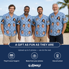 Friends in matching Men's Fin Flickers Custom Face Hawaiian Shirt — a group gift photo