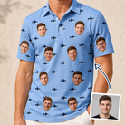 Man wearing Men's Fin Flickers Custom Face Polo Shirt — custom faces printed all-over