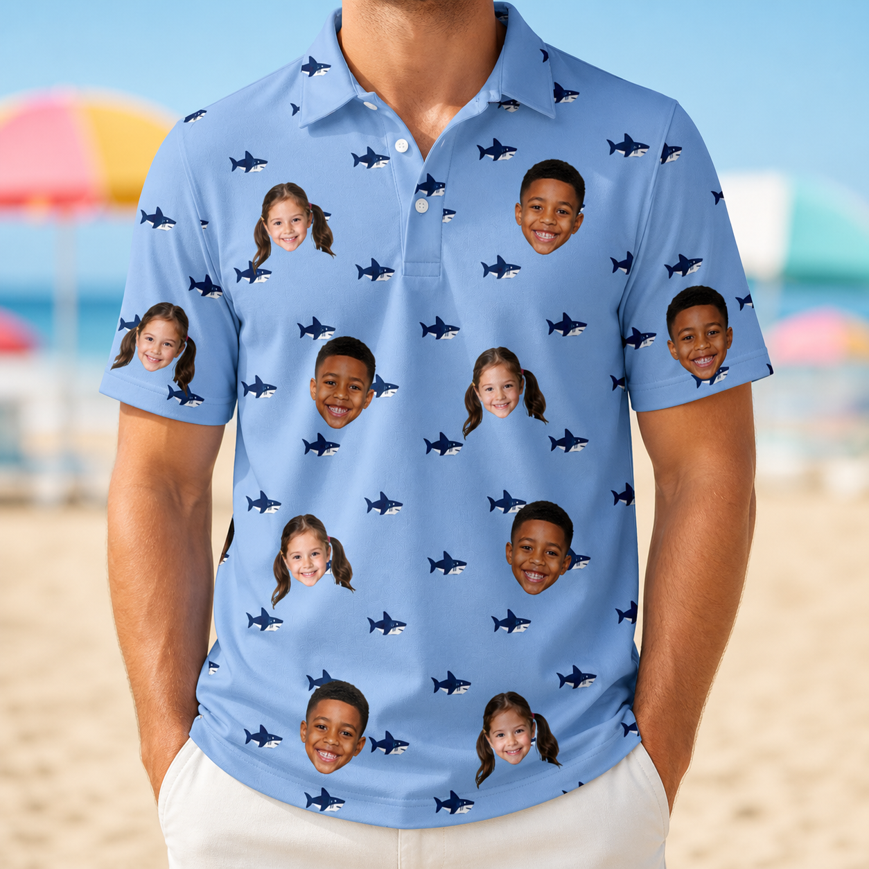 Model wearing Men's Fin Flickers Custom Face Polo Shirt printed with kids' faces