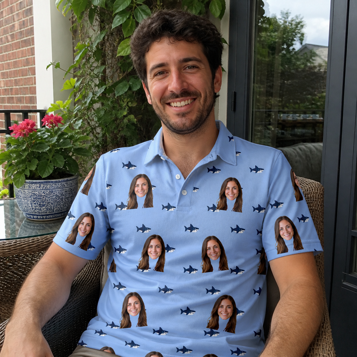 Real-life photo of someone wearing Men's Fin Flickers Custom Face Polo Shirt — custom faces printed all-over