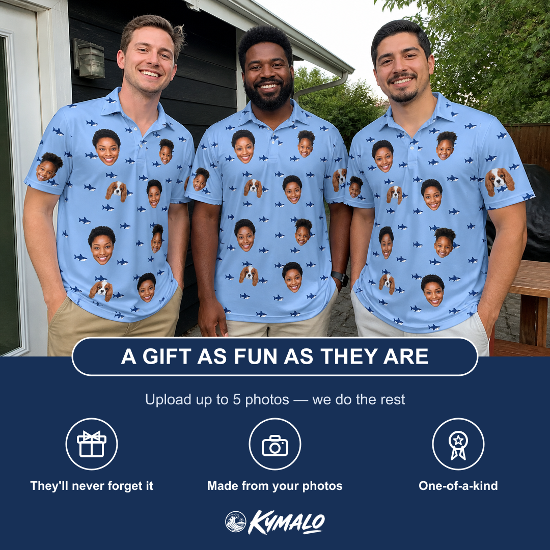 Friends in matching Men's Fin Flickers Custom Face Polo Shirt — a group gift photo