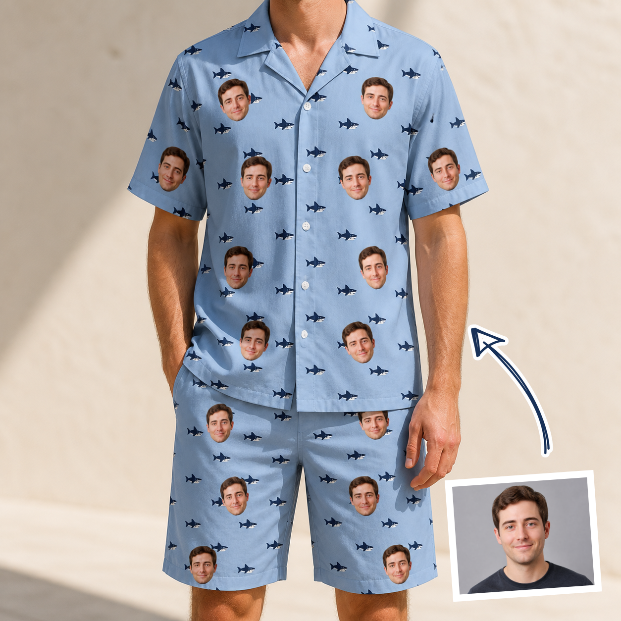 Man wearing Men's Fin Flickers Custom Face Shirt & Shorts Set — custom faces printed all-over