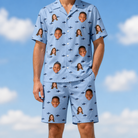 Model wearing Men's Fin Flickers Custom Face Shirt & Shorts Set printed with kids' faces