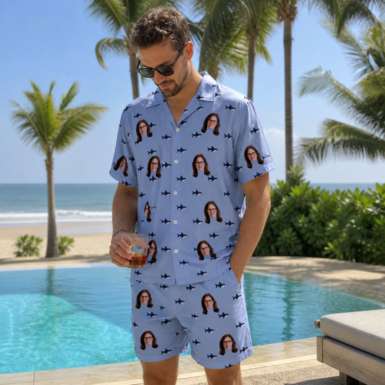 Real-life photo of someone wearing Men's Fin Flickers Custom Face Shirt & Shorts Set — custom faces printed all-over