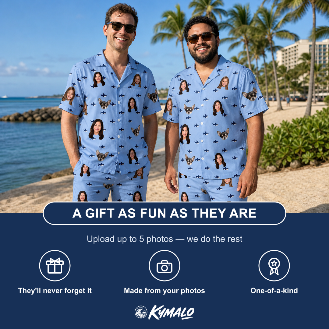 Friends in matching Men's Fin Flickers Custom Face Shirt & Shorts Set — a group gift photo
