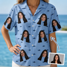 Woman wearing Women's Fin Flickers Custom Face Hawaiian Shirt — custom faces printed all-over