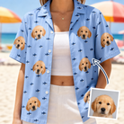 Model wearing Women's Fin Flickers Custom Face Hawaiian Shirt printed with a dog's face