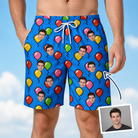 Man wearing Men's Balloon Scribbles Custom Face Beach Shorts — custom faces printed all-over