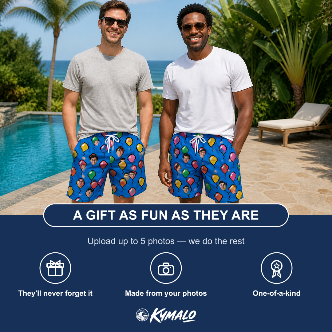 Friends in matching Men's Balloon Scribbles Custom Face Beach Shorts — a group gift photo