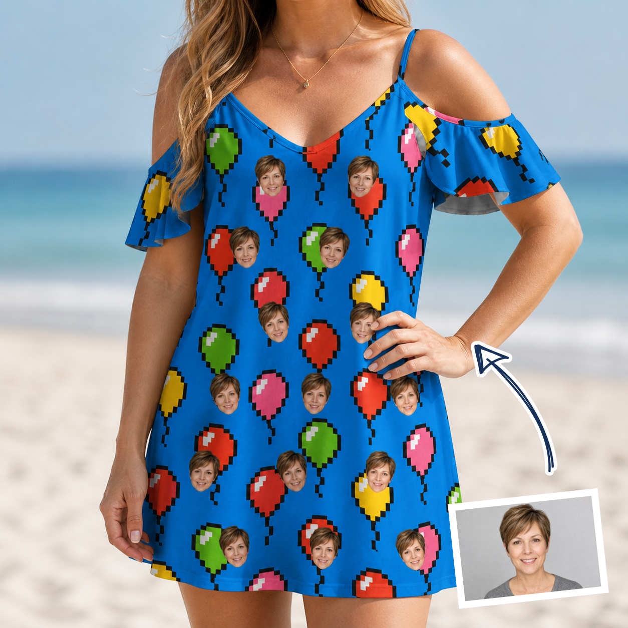 Woman wearing Women's Balloon Scribbles Custom Face Off-Shoulder Dress — custom faces printed all-over