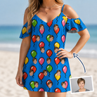 Woman wearing Women's Balloon Scribbles Custom Face Off-Shoulder Dress — custom faces printed all-over