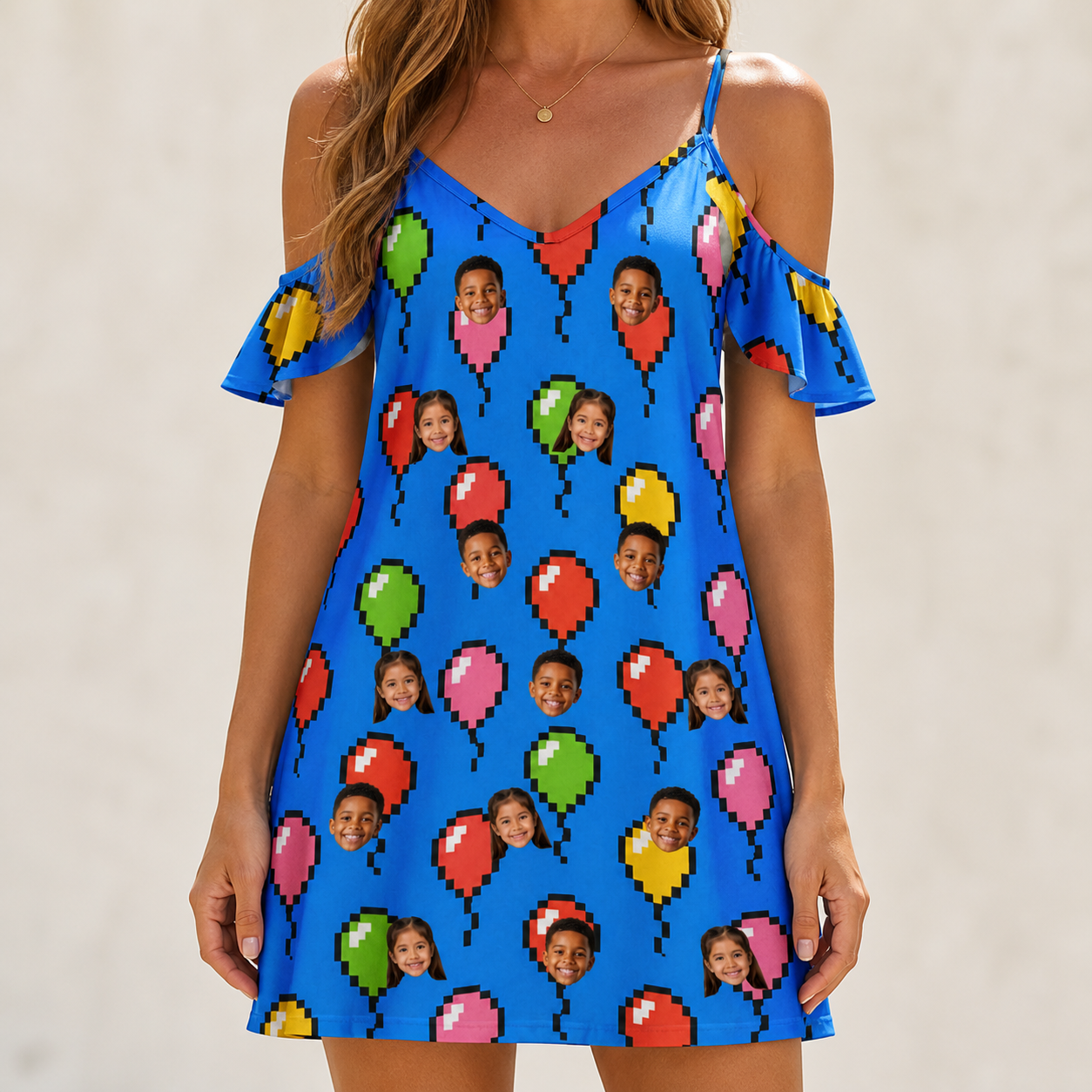 Model wearing Women's Balloon Scribbles Custom Face Off-Shoulder Dress printed with kids' faces