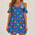 Model wearing Women's Balloon Scribbles Custom Face Off-Shoulder Dress printed with kids' faces