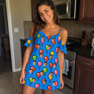 Real-life photo of someone wearing Women's Balloon Scribbles Custom Face Off-Shoulder Dress — custom faces printed all-over