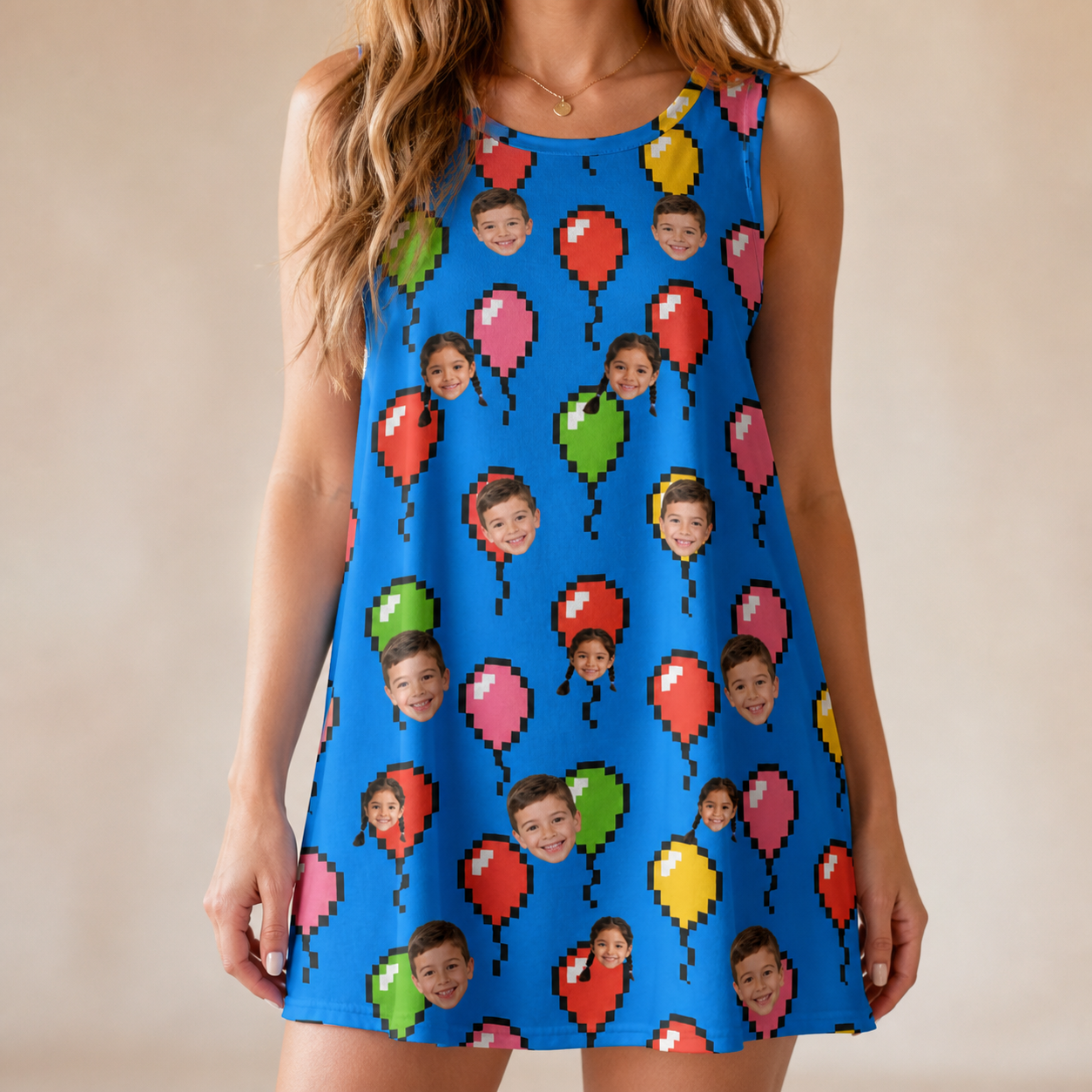 Model wearing Women's Balloon Scribbles Custom Face Tank Dress printed with kids' faces