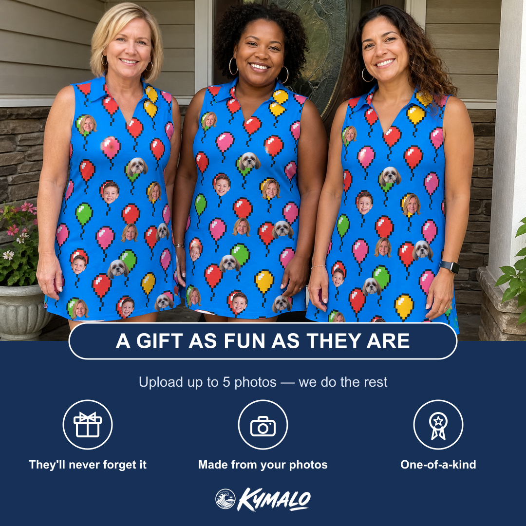 Friends in matching Women's Balloon Scribbles Custom Face V-Neck Dress — a group gift photo