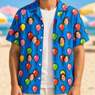 Man wearing Men's Balloon Scribbles Custom Face Hawaiian Shirt open over a white tee