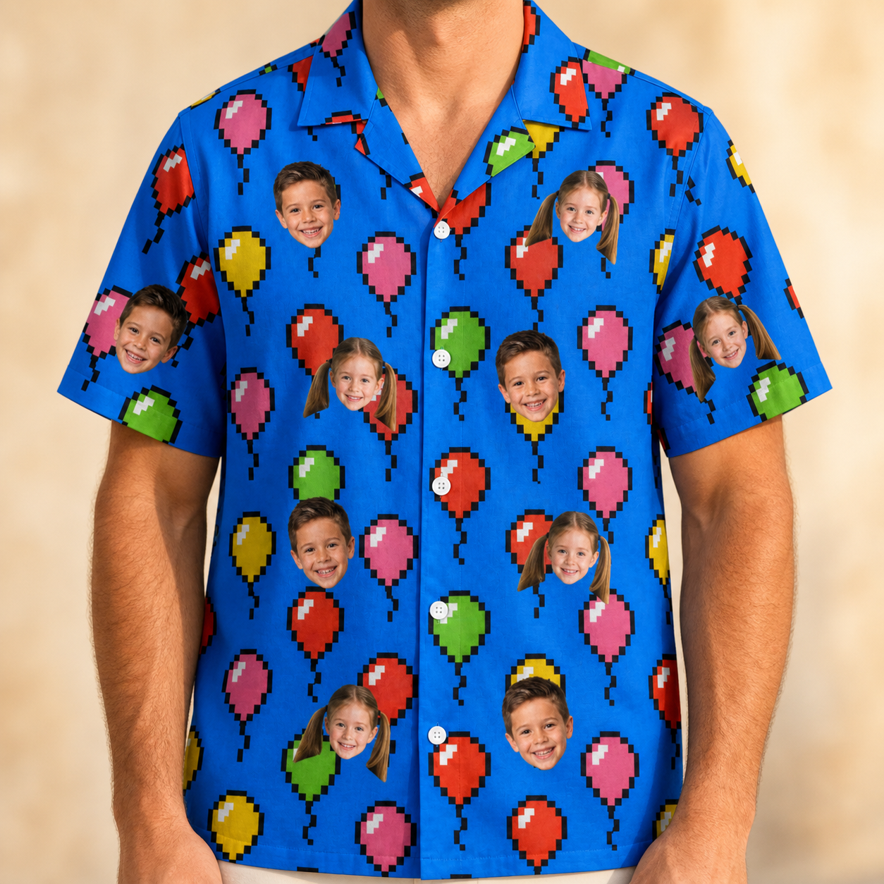 Model wearing Men's Balloon Scribbles Custom Face Hawaiian Shirt printed with kids' faces
