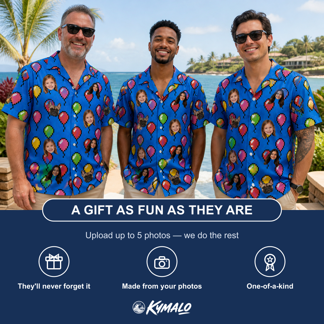 Friends in matching Men's Balloon Scribbles Custom Face Hawaiian Shirt — a group gift photo