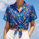 Woman wearing Women's Balloon Scribbles Custom Face Hawaiian Shirt tied at the waist
