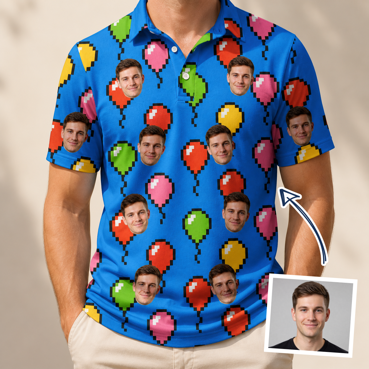 Man wearing Men's Balloon Scribbles Custom Face Polo Shirt — custom faces printed all-over