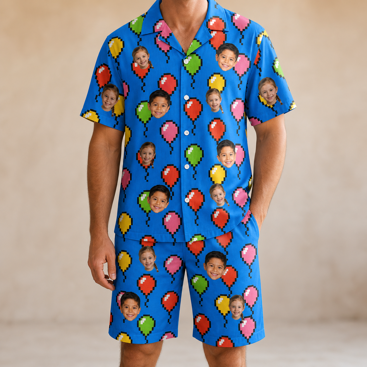 Model wearing Men's Balloon Scribbles Custom Face Shirt & Shorts Set printed with kids' faces
