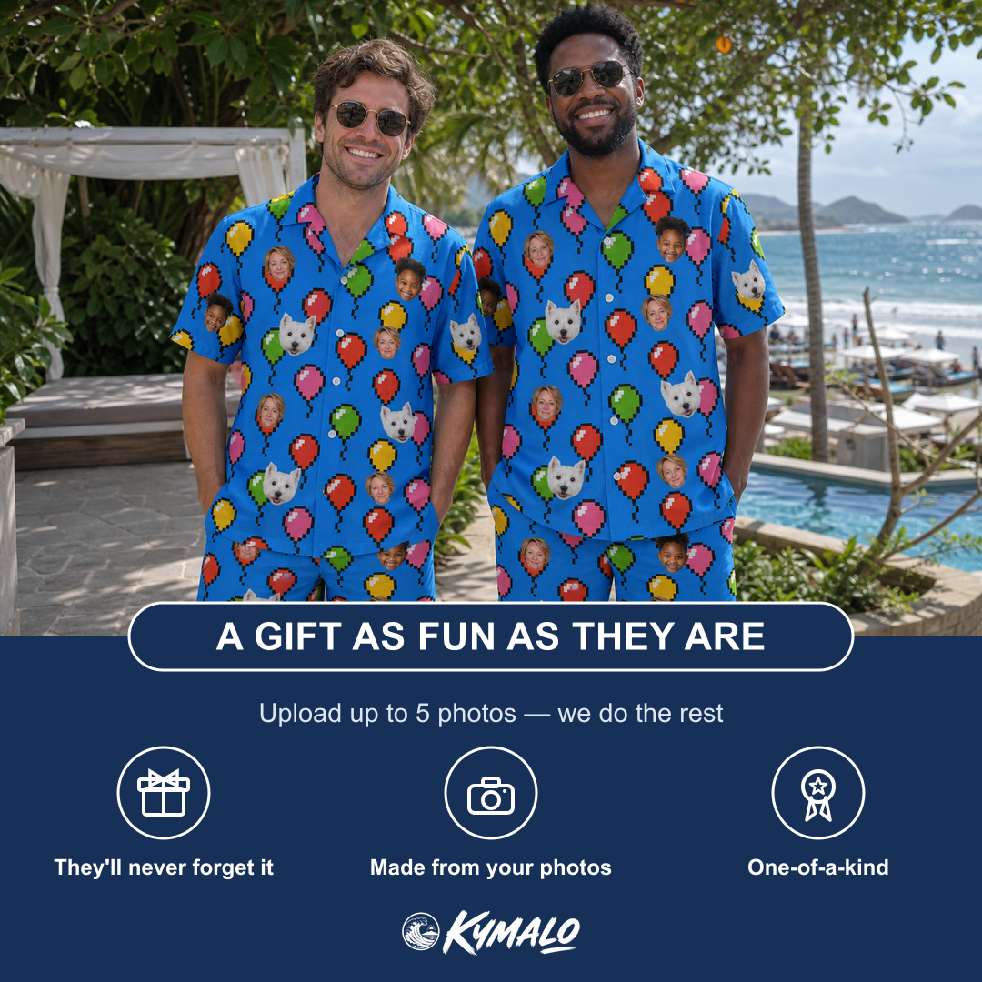 Friends in matching Men's Balloon Scribbles Custom Face Shirt & Shorts Set — a group gift photo