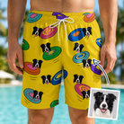 Man wearing Men's Fetch Flight Custom Dog Face Beach Shorts — custom faces printed all-over